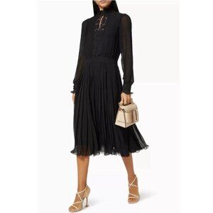 Polo Ralph Lauren Sz 14 Black Georgette Lace Trim Pleated Long Dress Chic